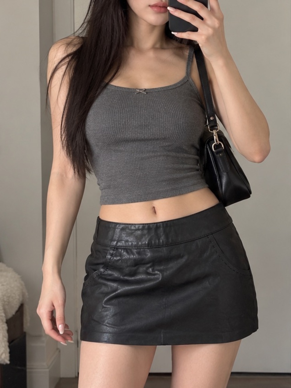 Vintage Genuine Sheepskin Leather Mini Skirt Black Y2K Low Rise Fitted XS
